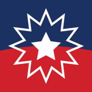 The Juneteenth flag. The white star and surrounding starburst alludes to Texas and the "freedom of African Americans in all 50 states." The curve behind the star is representative of a new horizon and the colors were taken from the red, white, and blue flag of the US.